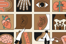 Illustration, Bleak doctors observing thumbnail images of medical conditions on Black patients